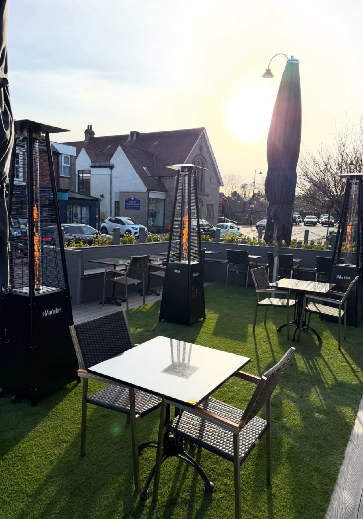 Say When bar terrace seating and grass area at golden hour, Ponteland